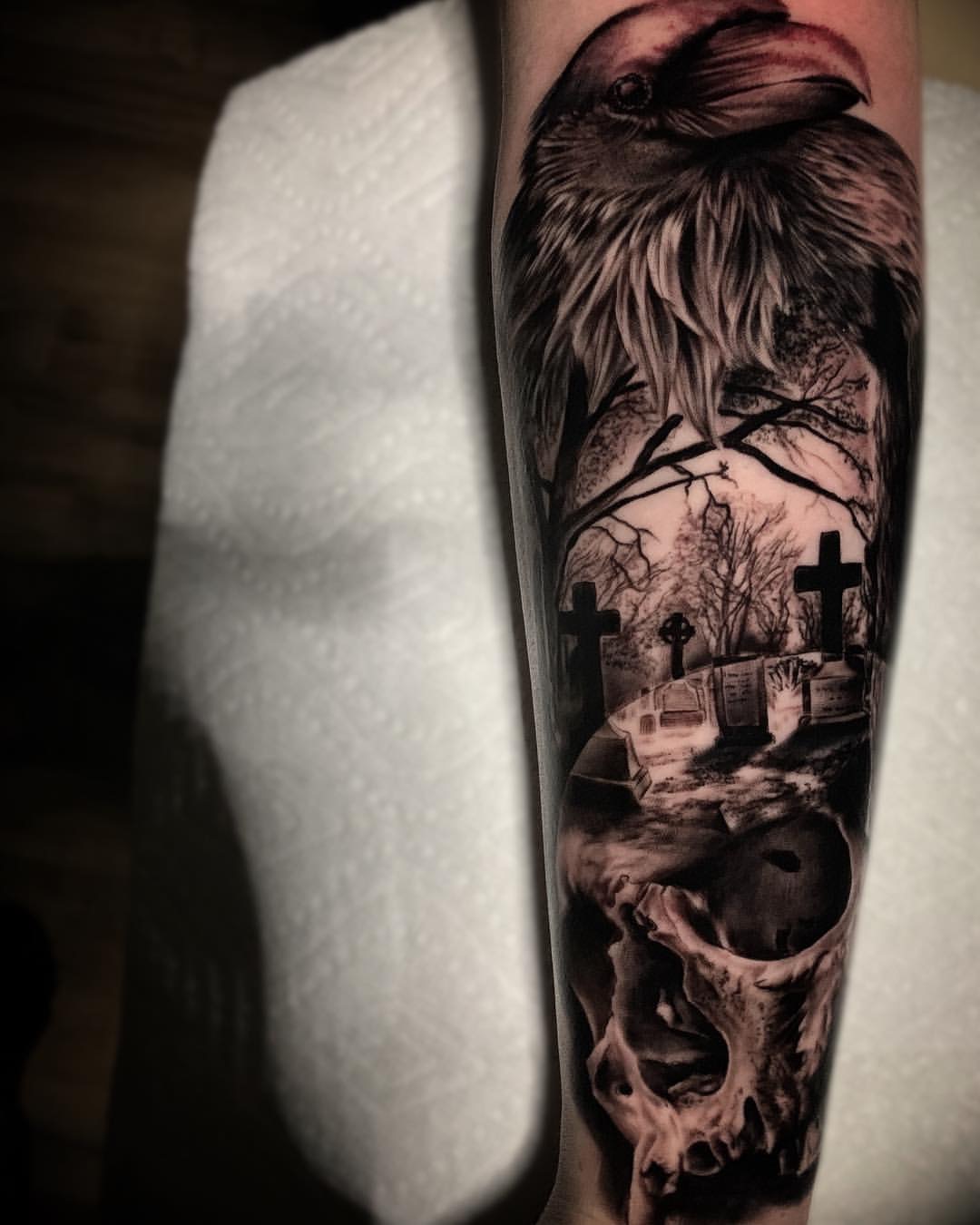 Tattoo uploaded by Rob • Can't believe It's been a year since i got my  Graveyard half sleeve #halfsleeve #graveyard #colourfulltattoo • Tattoodo